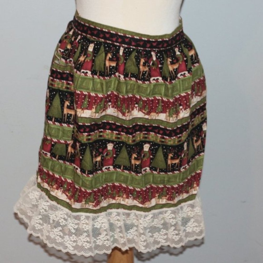 Homemade Santa ClausReindeer Lace Trimmed Apron EUC